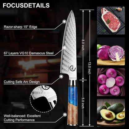 5 Inch Kitchen Utility Knife, Damascus Paring Knife Japanese VG10 Steel | 66-Layers Damascus Fruit Knife, Ultra Sharp Blade, Ergonomic Blue Resin Handle, Unique Gift for Men Women Cooking Enthusiasts