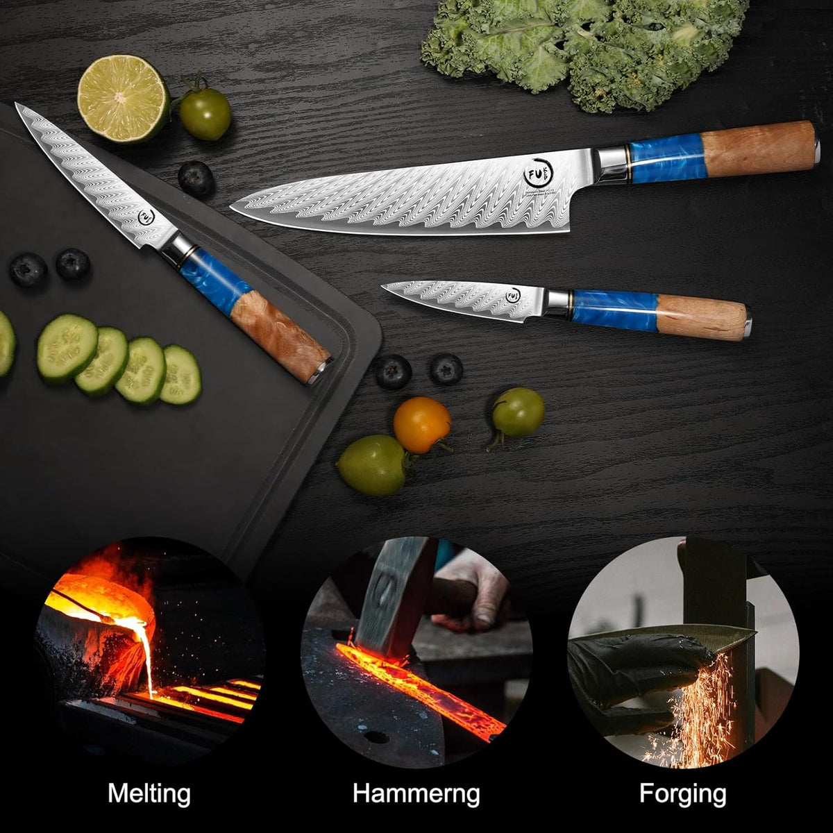 5 Inch Kitchen Utility Knife, Damascus Paring Knife Japanese VG10 Steel | 66-Layers Damascus Fruit Knife, Ultra Sharp Blade, Ergonomic Blue Resin Handle, Unique Gift for Men Women Cooking Enthusiasts