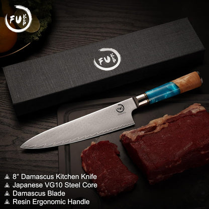 5 Inch Kitchen Utility Knife, Damascus Paring Knife Japanese VG10 Steel | 66-Layers Damascus Fruit Knife, Ultra Sharp Blade, Ergonomic Blue Resin Handle, Unique Gift for Men Women Cooking Enthusiasts