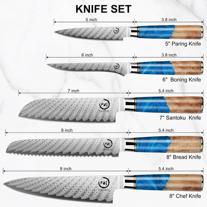 5 Inch Kitchen Utility Knife, Damascus Paring Knife Japanese VG10 Steel | 66-Layers Damascus Fruit Knife, Ultra Sharp Blade, Ergonomic Blue Resin Handle, Unique Gift for Men Women Cooking Enthusiasts
