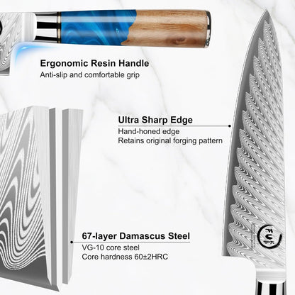 5 Inch Kitchen Utility Knife, Damascus Paring Knife Japanese VG10 Steel | 66-Layers Damascus Fruit Knife, Ultra Sharp Blade, Ergonomic Blue Resin Handle, Unique Gift for Men Women Cooking Enthusiasts