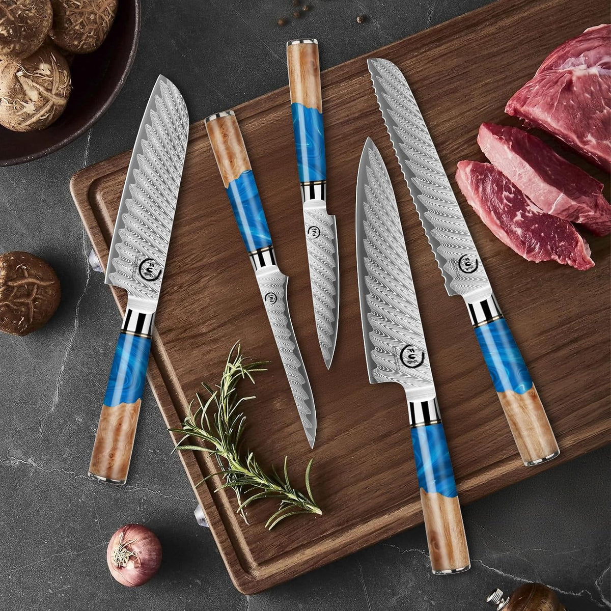 5 Inch Kitchen Utility Knife, Damascus Paring Knife Japanese VG10 Steel | 66-Layers Damascus Fruit Knife, Ultra Sharp Blade, Ergonomic Blue Resin Handle, Unique Gift for Men Women Cooking Enthusiasts