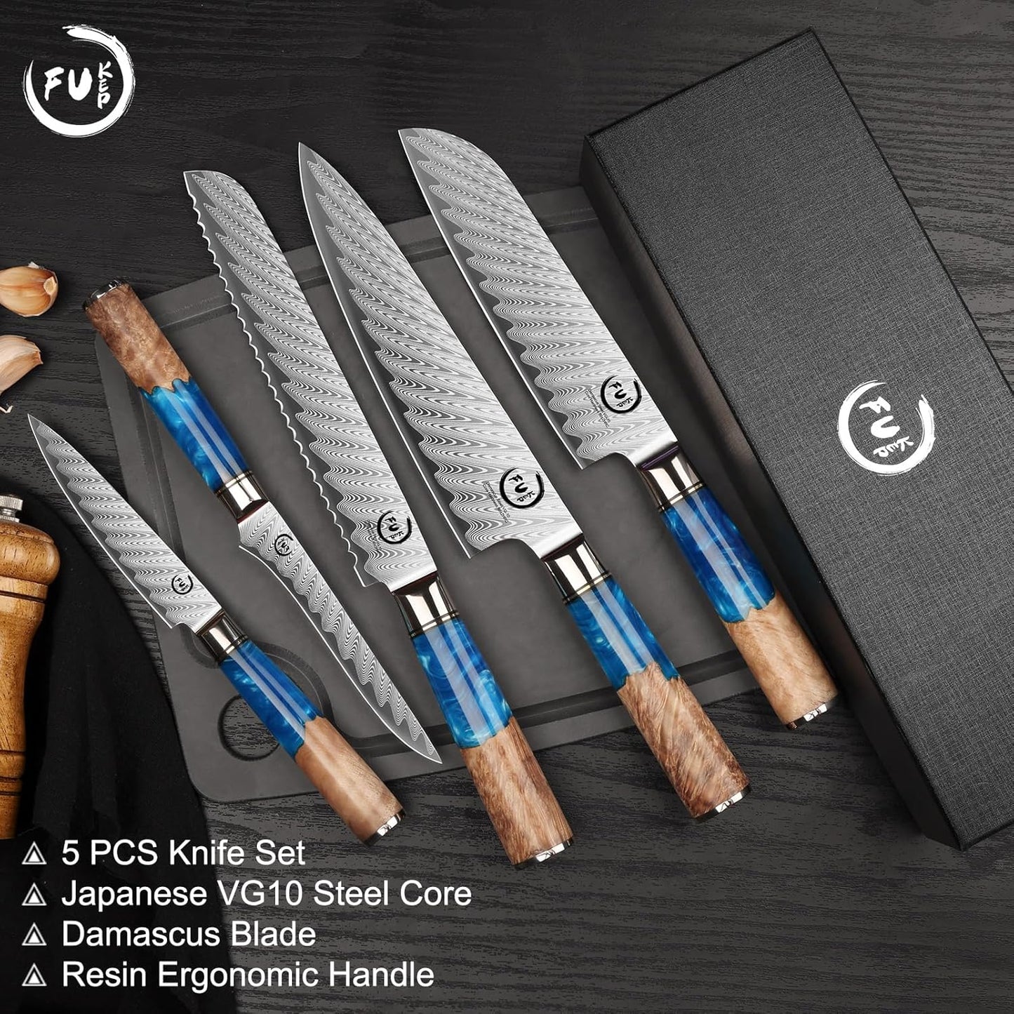 5 Inch Kitchen Utility Knife, Damascus Paring Knife Japanese VG10 Steel | 66-Layers Damascus Fruit Knife, Ultra Sharp Blade, Ergonomic Blue Resin Handle, Unique Gift for Men Women Cooking Enthusiasts