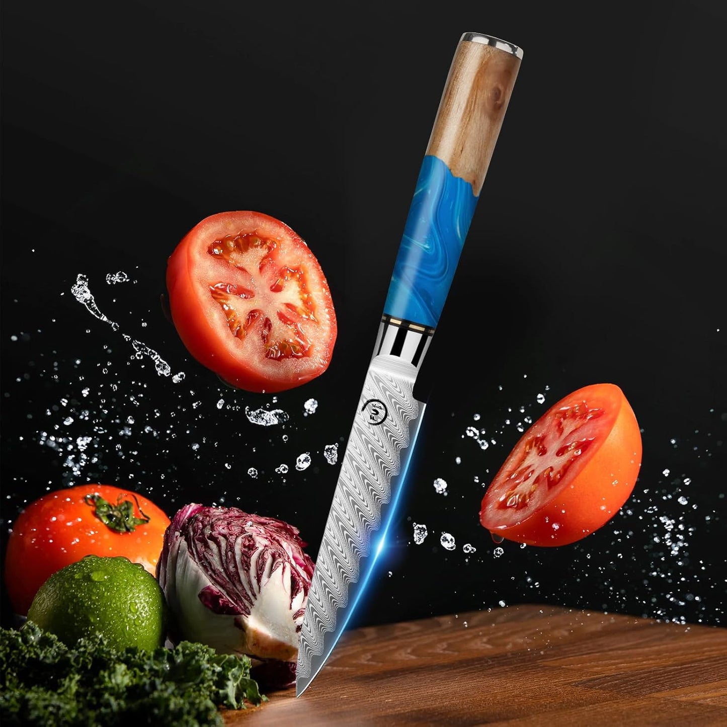 5 Inch Kitchen Utility Knife, Damascus Paring Knife Japanese VG10 Steel | 66-Layers Damascus Fruit Knife, Ultra Sharp Blade, Ergonomic Blue Resin Handle, Unique Gift for Men Women Cooking Enthusiasts