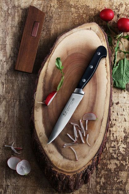 Cangshan TV2 Series 1022759 Swedish 14C28N Steel Forged 5-Inch Serrated Utility Knife and Wood Sheath Set
