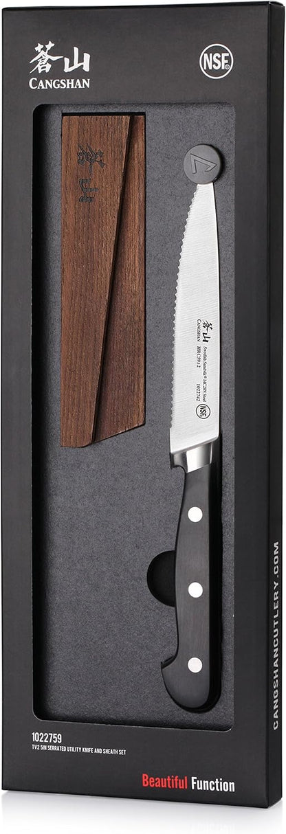 Cangshan TV2 Series 1022759 Swedish 14C28N Steel Forged 5-Inch Serrated Utility Knife and Wood Sheath Set