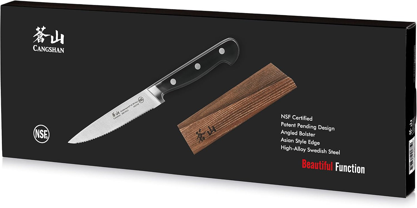 Cangshan TV2 Series 1022759 Swedish 14C28N Steel Forged 5-Inch Serrated Utility Knife and Wood Sheath Set