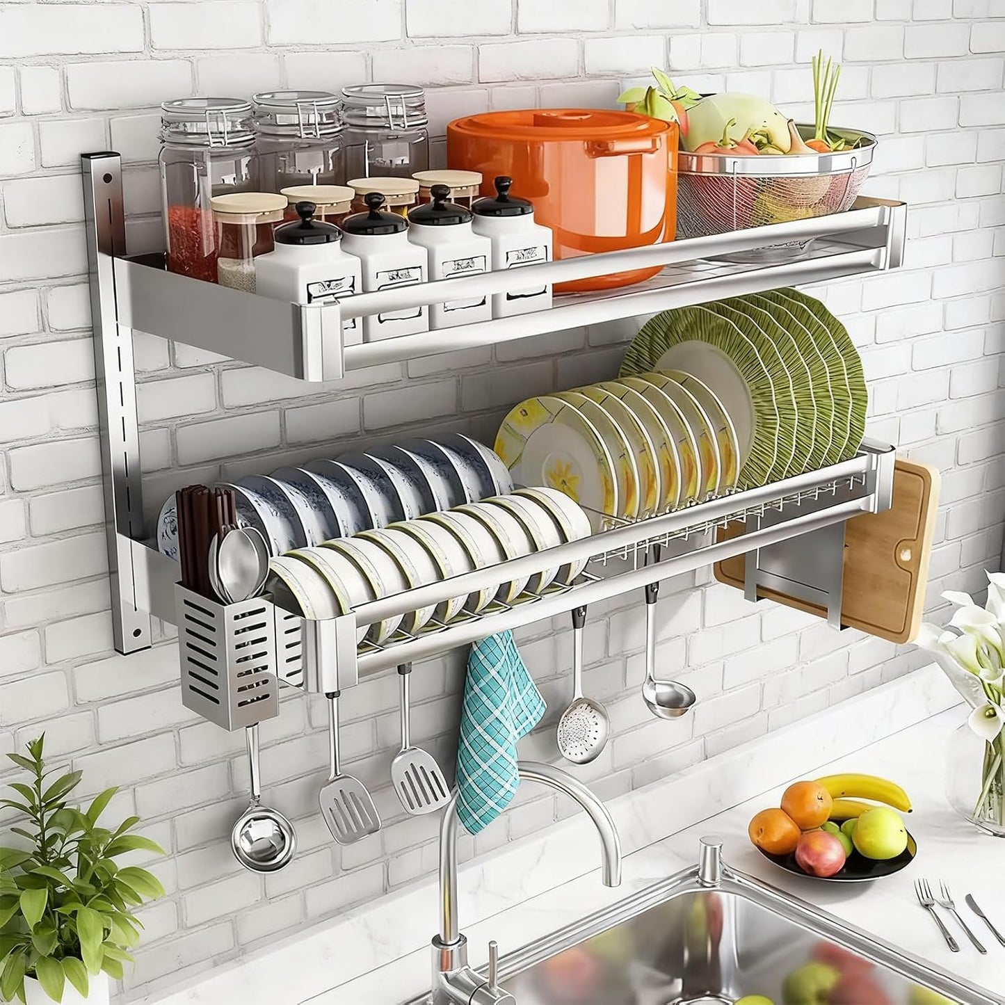 Wall Mounted Kitchen Dish Drying Rack, 2tier Stainless Steel Hanging Dish Drainer With Drainboard, Chopsticks Cage Knife Holder & Hooks, Plates Bowls Organizer Storage Shelf (31.5x11.8x19.7in)