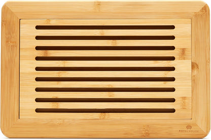 Large Premium Natural Bamboo Bread Cutting Board with Crumb Tray, Bread Serving Tray for Kitchen | Bread Serving Tray for Kitchen, Ideal for Slicing Loaves, Catching Crumbs, and Elegant Countertop Presentation