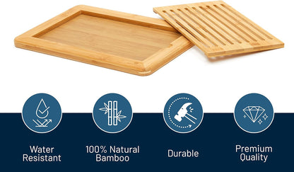 Large Premium Natural Bamboo Bread Cutting Board with Crumb Tray, Bread Serving Tray for Kitchen | Bread Serving Tray for Kitchen, Ideal for Slicing Loaves, Catching Crumbs, and Elegant Countertop Presentation
