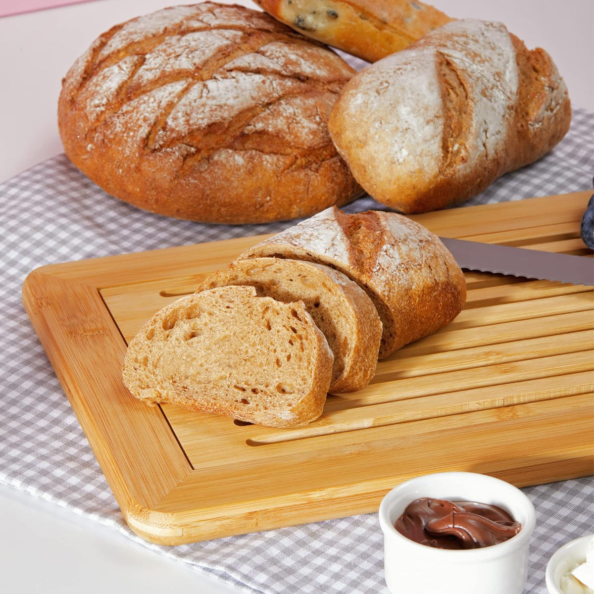 Large Premium Natural Bamboo Bread Cutting Board with Crumb Tray, Bread Serving Tray for Kitchen | Bread Serving Tray for Kitchen, Ideal for Slicing Loaves, Catching Crumbs, and Elegant Countertop Presentation