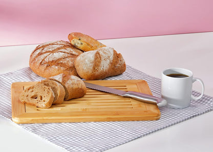 Large Premium Natural Bamboo Bread Cutting Board with Crumb Tray, Bread Serving Tray for Kitchen | Bread Serving Tray for Kitchen, Ideal for Slicing Loaves, Catching Crumbs, and Elegant Countertop Presentation