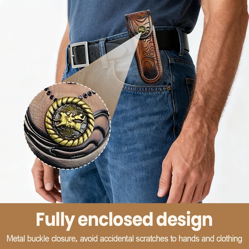 Leather Knife Sheath, Folding Knife Holder Pocket Knifes Case with Belt Loop for Camping Hunting Fishing Hiking Jungle