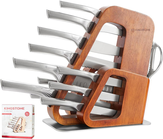 Kitchen Knife Set with Block,14 Pcs German Stainless Steel Knife Set with Built-in Sharpener, Dishwasher Safe Knife Block Set (walnut, 14pcs)