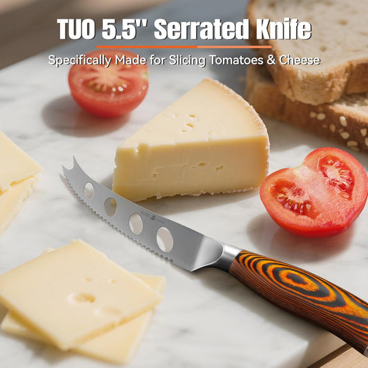 Cheese Knife, Tomato Knife 5.5" Serrated Blade, High Carbon German Steel, Mutil-Use Non Stick Design, Pakkawood Handle - Fiery Phoenix Series