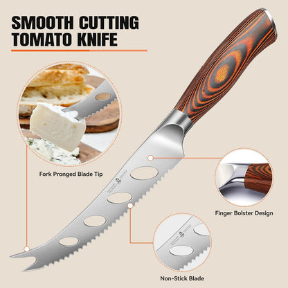 Cheese Knife, Tomato Knife 5.5" Serrated Blade, High Carbon German Steel, Mutil-Use Non Stick Design, Pakkawood Handle - Fiery Phoenix Series