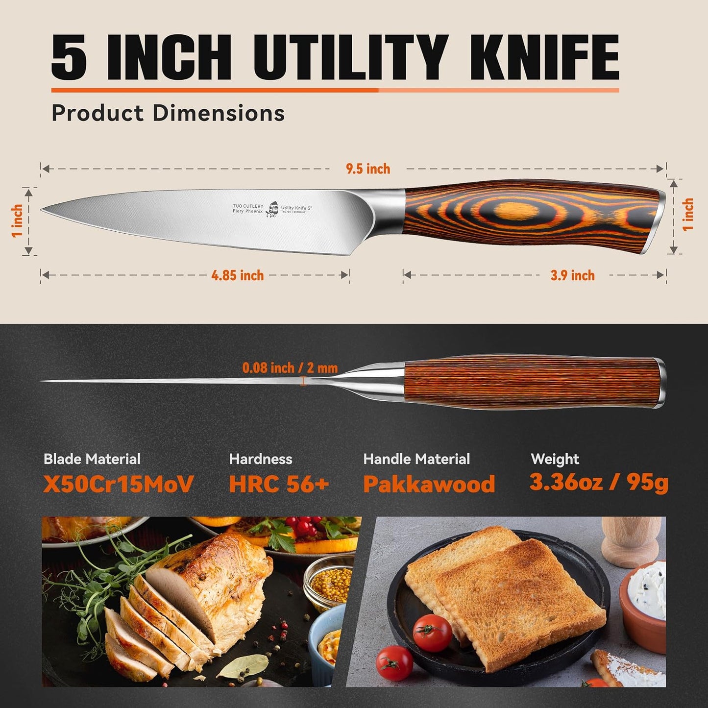 Cheese Knife, Tomato Knife 5.5" Serrated Blade, High Carbon German Steel, Mutil-Use Non Stick Design, Pakkawood Handle - Fiery Phoenix Series