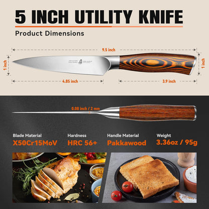 Cheese Knife, Tomato Knife 5.5" Serrated Blade, High Carbon German Steel, Mutil-Use Non Stick Design, Pakkawood Handle - Fiery Phoenix Series