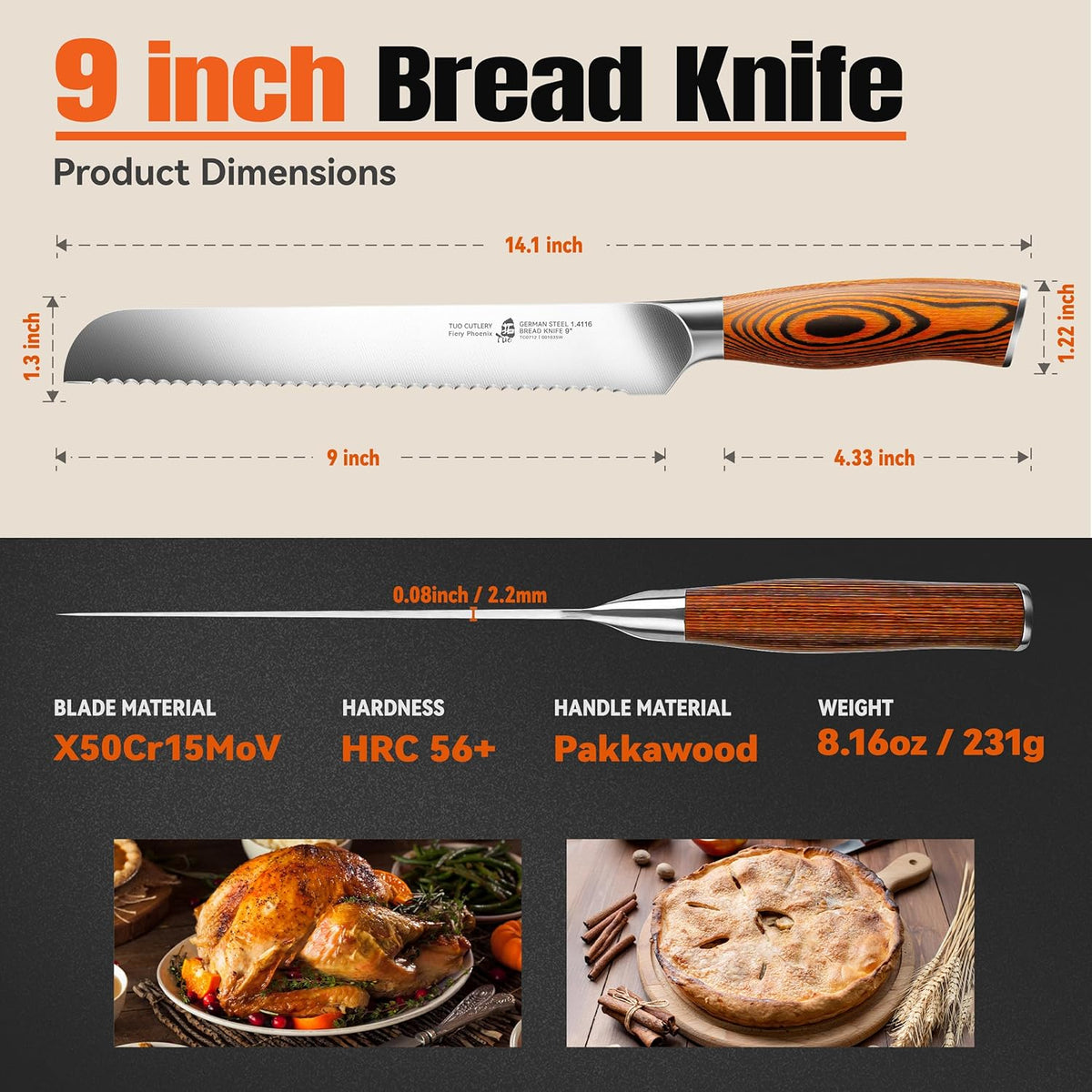 Cheese Knife, Tomato Knife 5.5" Serrated Blade, High Carbon German Steel, Mutil-Use Non Stick Design, Pakkawood Handle - Fiery Phoenix Series
