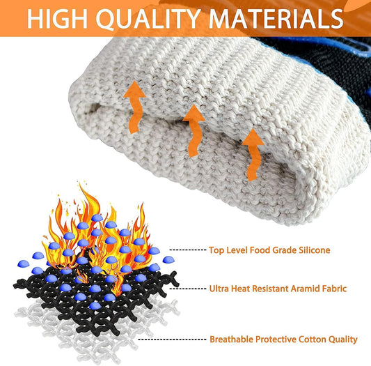 1472°F Extreme BBQ Gloves Grill Oven Safety Gloves, Cut Resistant with Non-Slip Silicone for Grilling, Frying, Baking, Fireplace, Cooking (2 Pieces Set) (Black Strips Long)