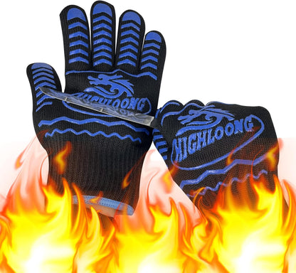 1472°F Extreme BBQ Gloves Grill Oven Safety Gloves, Cut Resistant with Non-Slip Silicone for Grilling, Frying, Baking, Fireplace, Cooking (2 Pieces Set) (Black Strips Long)