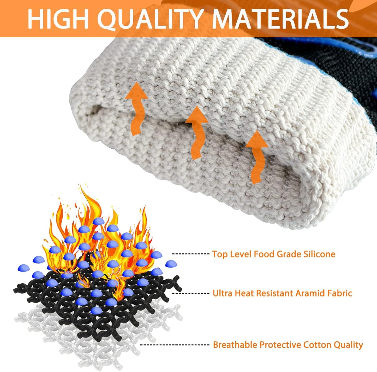 1472°F Extreme BBQ Gloves Grill Oven Safety Gloves, Cut Resistant with Non-Slip Silicone for Grilling, Frying, Baking, Fireplace, Cooking (2 Pieces Set) (Black Strips Long)