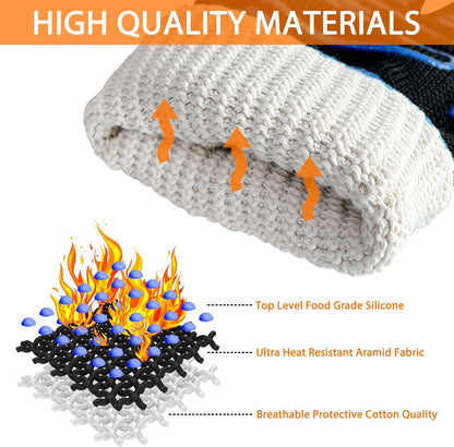 1472°F Extreme BBQ Gloves Grill Oven Safety Gloves, Cut Resistant with Non-Slip Silicone for Grilling, Frying, Baking, Fireplace, Cooking (2 Pieces Set) (Black Strips Long)