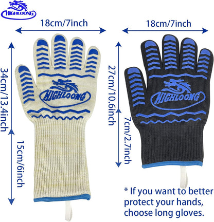 1472°F Extreme BBQ Gloves Grill Oven Safety Gloves, Cut Resistant with Non-Slip Silicone for Grilling, Frying, Baking, Fireplace, Cooking (2 Pieces Set) (Black Strips Long)