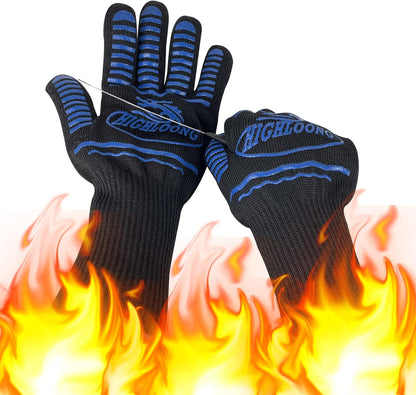 1472°F Extreme BBQ Gloves Grill Oven Safety Gloves, Cut Resistant with Non-Slip Silicone for Grilling, Frying, Baking, Fireplace, Cooking (2 Pieces Set) (Black Strips Long)