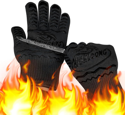 1472°F Extreme BBQ Gloves Grill Oven Safety Gloves, Cut Resistant with Non-Slip Silicone for Grilling, Frying, Baking, Fireplace, Cooking (2 Pieces Set) (Black Strips Long)