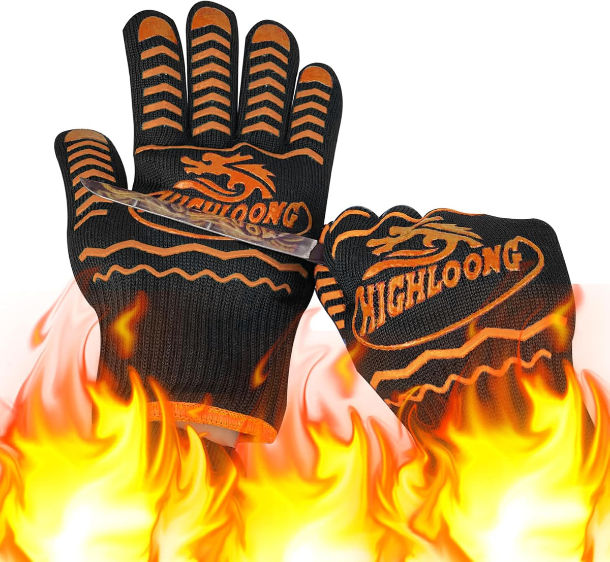 1472°F Extreme BBQ Gloves Grill Oven Safety Gloves, Cut Resistant with Non-Slip Silicone for Grilling, Frying, Baking, Fireplace, Cooking (2 Pieces Set) (Black Strips Long)