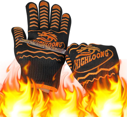 1472°F Extreme BBQ Gloves Grill Oven Safety Gloves, Cut Resistant with Non-Slip Silicone for Grilling, Frying, Baking, Fireplace, Cooking (2 Pieces Set) (Black Strips Long)