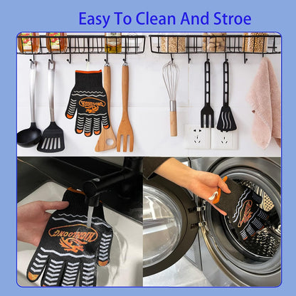 1472°F Extreme BBQ Gloves Grill Oven Safety Gloves, Cut Resistant with Non-Slip Silicone for Grilling, Frying, Baking, Fireplace, Cooking (2 Pieces Set) (Black Strips Long)