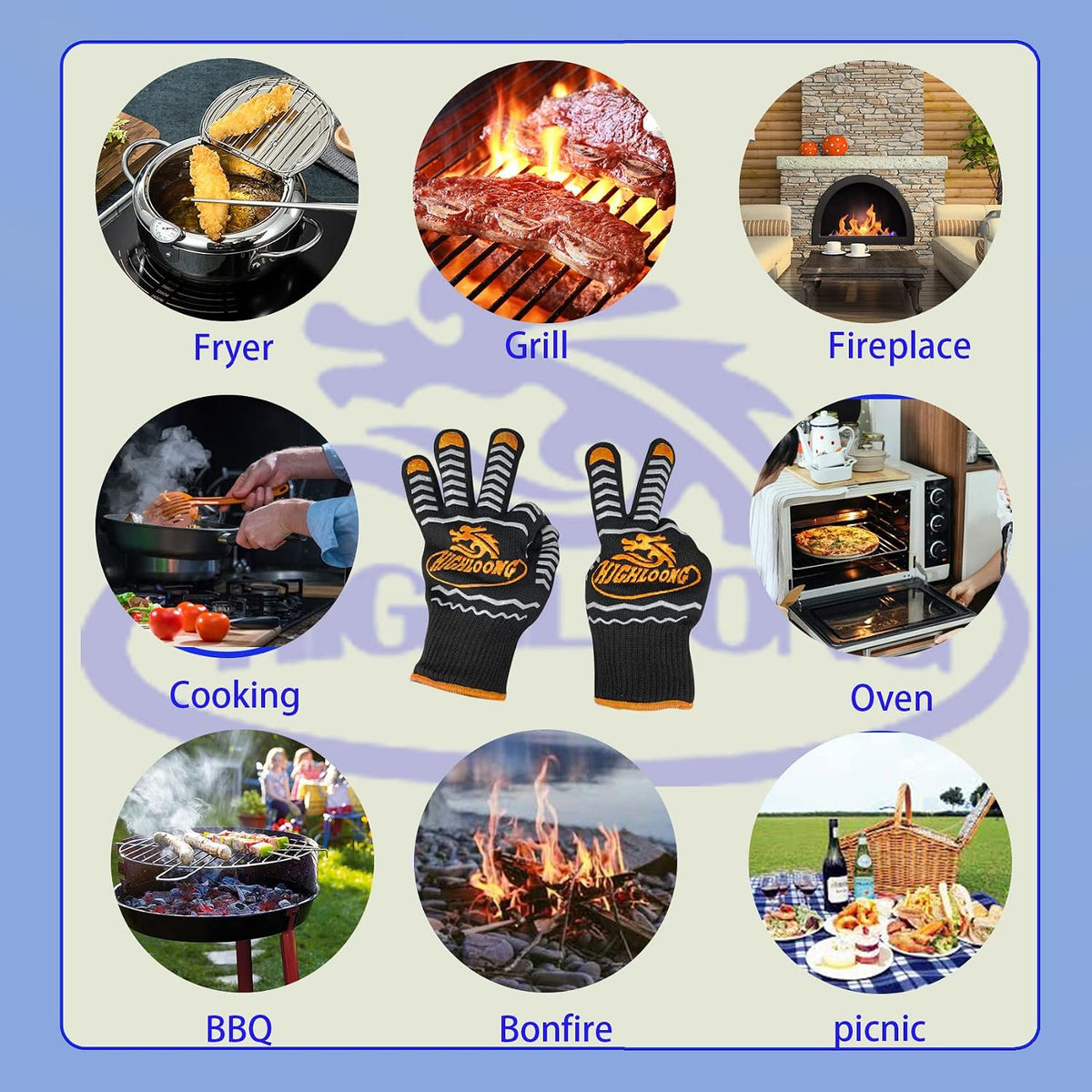 1472°F Extreme BBQ Gloves Grill Oven Safety Gloves, Cut Resistant with Non-Slip Silicone for Grilling, Frying, Baking, Fireplace, Cooking (2 Pieces Set) (Black Strips Long)