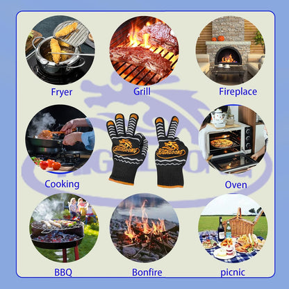 1472°F Extreme BBQ Gloves Grill Oven Safety Gloves, Cut Resistant with Non-Slip Silicone for Grilling, Frying, Baking, Fireplace, Cooking (2 Pieces Set) (Black Strips Long)