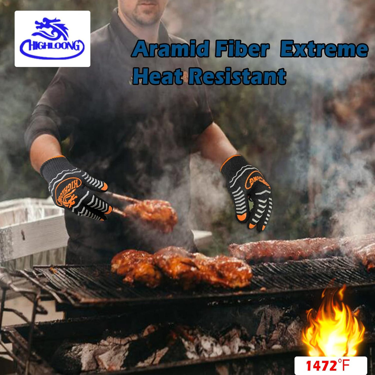 1472°F Extreme BBQ Gloves Grill Oven Safety Gloves, Cut Resistant with Non-Slip Silicone for Grilling, Frying, Baking, Fireplace, Cooking (2 Pieces Set) (Black Strips Long)