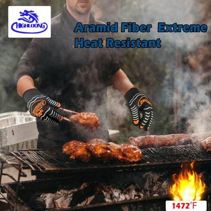 1472°F Extreme BBQ Gloves Grill Oven Safety Gloves, Cut Resistant with Non-Slip Silicone for Grilling, Frying, Baking, Fireplace, Cooking (2 Pieces Set) (Black Strips Long)