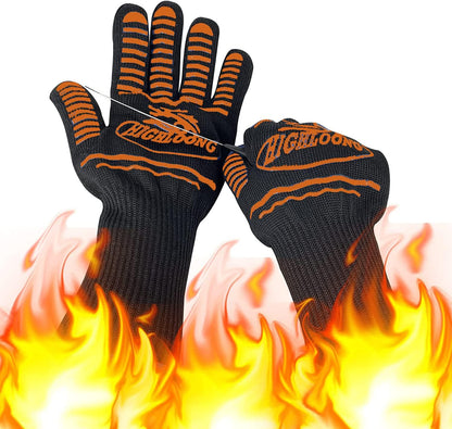 1472°F Extreme BBQ Gloves Grill Oven Safety Gloves, Cut Resistant with Non-Slip Silicone for Grilling, Frying, Baking, Fireplace, Cooking (2 Pieces Set) (Black Strips Long)