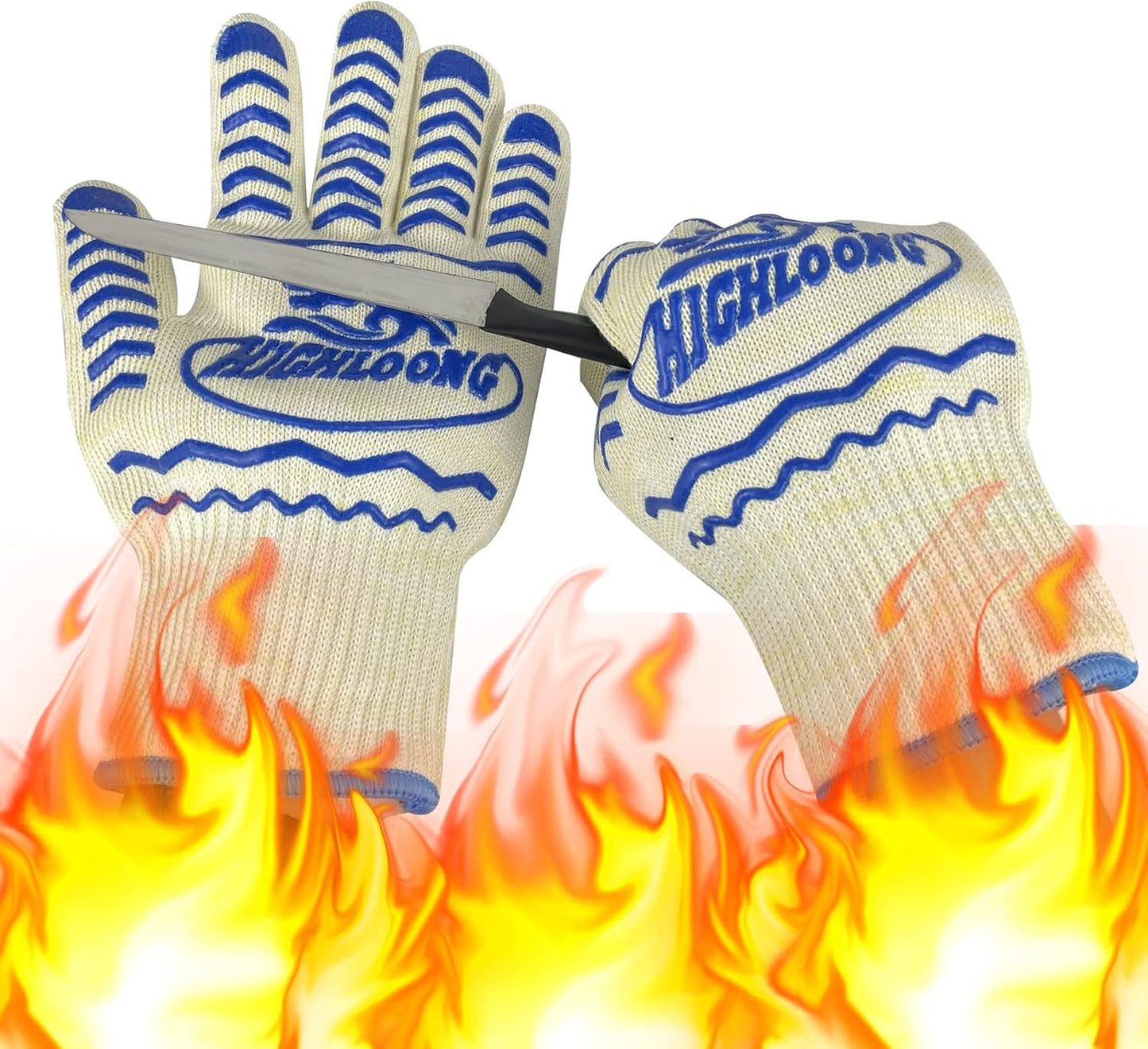 1472°F Extreme BBQ Gloves Grill Oven Safety Gloves, Cut Resistant with Non-Slip Silicone for Grilling, Frying, Baking, Fireplace, Cooking (2 Pieces Set) (Black Strips Long)