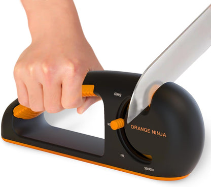 Orange Ninja Serrated & Kitchen Knife Sharpener – 4-Stage Sharpening Tool | Repairs, Sharpens & Polishes Straight & Serrated Blades – Ergonomic Non-Slip Grip, Works for Left & Right Handed Cooks