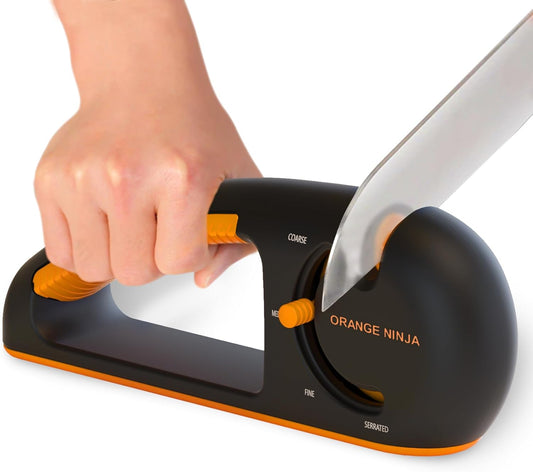 Orange Ninja Serrated & Kitchen Knife Sharpener – 4-Stage Sharpening Tool | Repairs, Sharpens & Polishes Straight & Serrated Blades – Ergonomic Non-Slip Grip, Works for Left & Right Handed Cooks