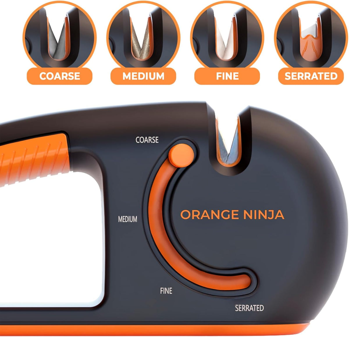 Orange Ninja Serrated & Kitchen Knife Sharpener – 4-Stage Sharpening Tool | Repairs, Sharpens & Polishes Straight & Serrated Blades – Ergonomic Non-Slip Grip, Works for Left & Right Handed Cooks