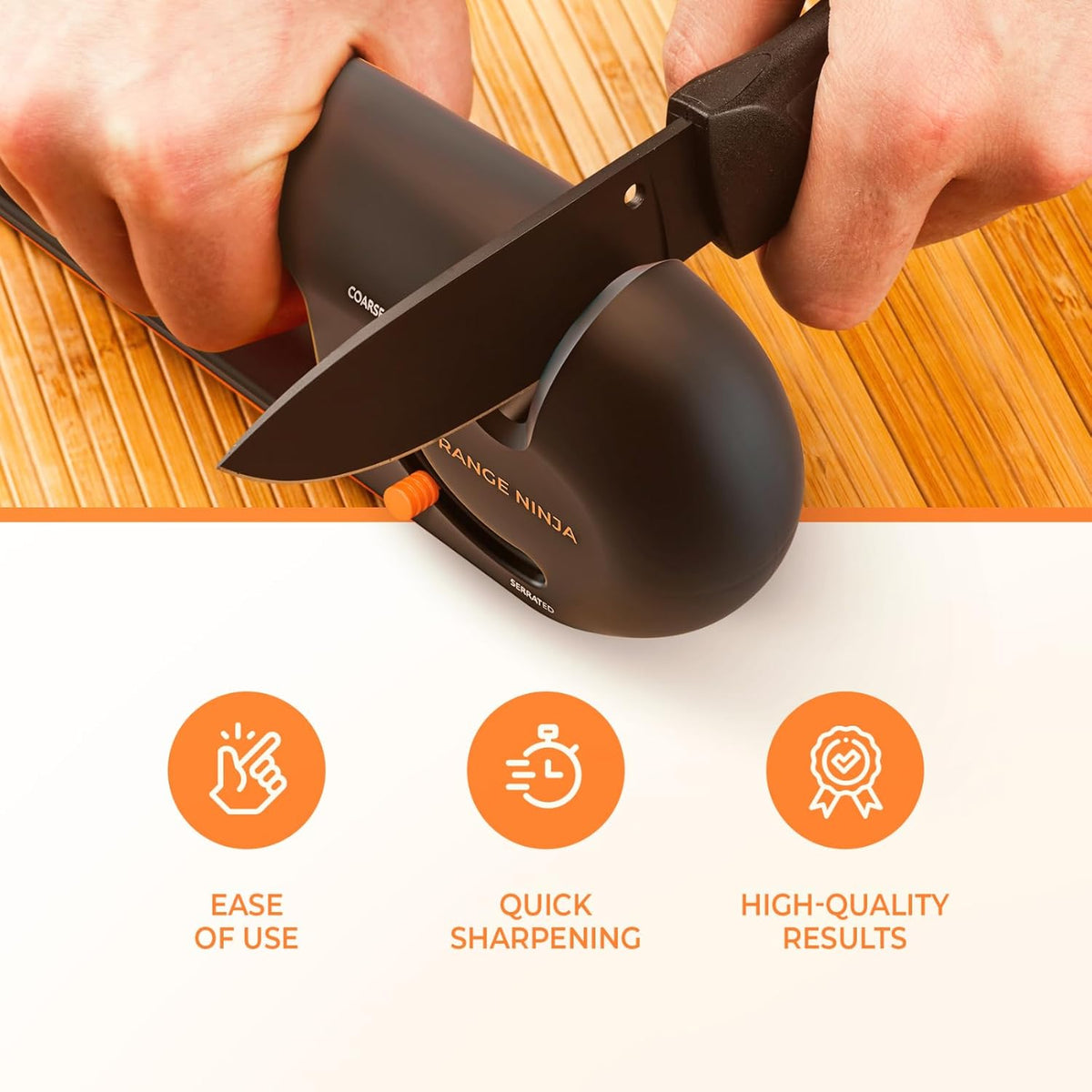 Orange Ninja Serrated & Kitchen Knife Sharpener – 4-Stage Sharpening Tool | Repairs, Sharpens & Polishes Straight & Serrated Blades – Ergonomic Non-Slip Grip, Works for Left & Right Handed Cooks