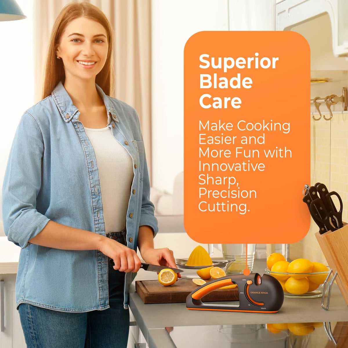 Orange Ninja Serrated & Kitchen Knife Sharpener – 4-Stage Sharpening Tool | Repairs, Sharpens & Polishes Straight & Serrated Blades – Ergonomic Non-Slip Grip, Works for Left & Right Handed Cooks