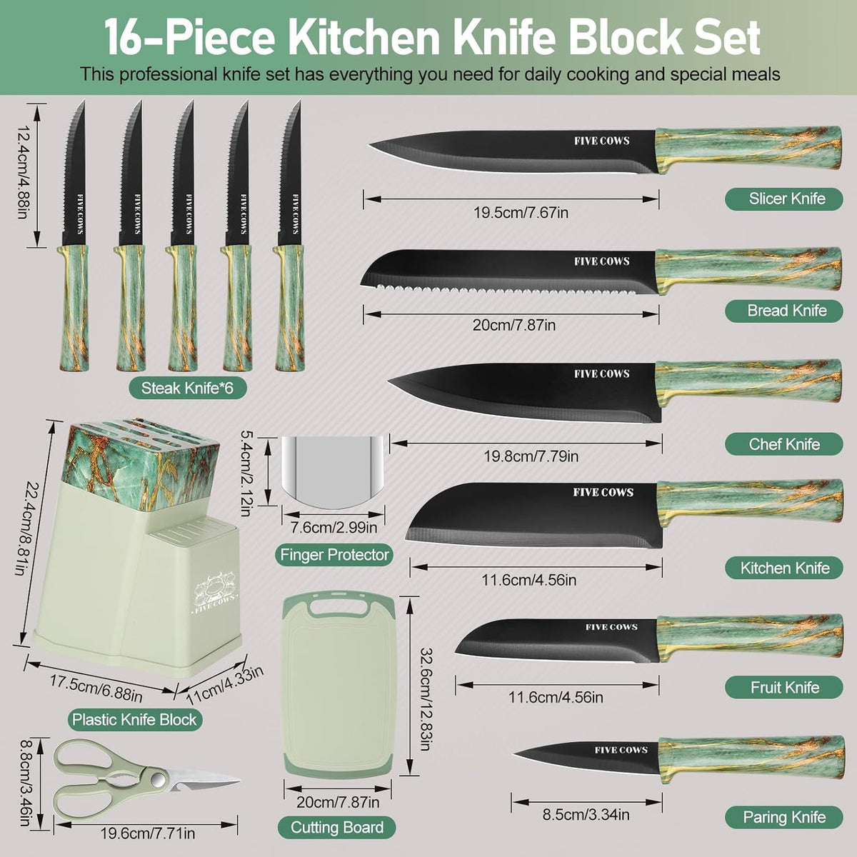 16-Piece Kitchen Knife Block Set with Cutting Board - German Stainless Steel Knives, Built-In Sharpener, Dishwasher Safe, Anti-Slip Handle - All-in-One Cutlery Set for Home/Kitchen (Cyan)