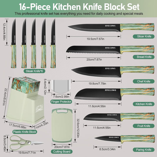 16-Piece Kitchen Knife Block Set with Cutting Board - German Stainless Steel Knives, Built-In Sharpener, Dishwasher Safe, Anti-Slip Handle - All-in-One Cutlery Set for Home/Kitchen (Cyan)