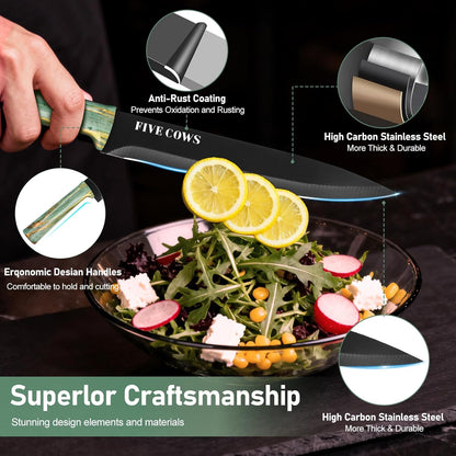 16-Piece Kitchen Knife Block Set with Cutting Board - German Stainless Steel Knives, Built-In Sharpener, Dishwasher Safe, Anti-Slip Handle - All-in-One Cutlery Set for Home/Kitchen (Cyan)