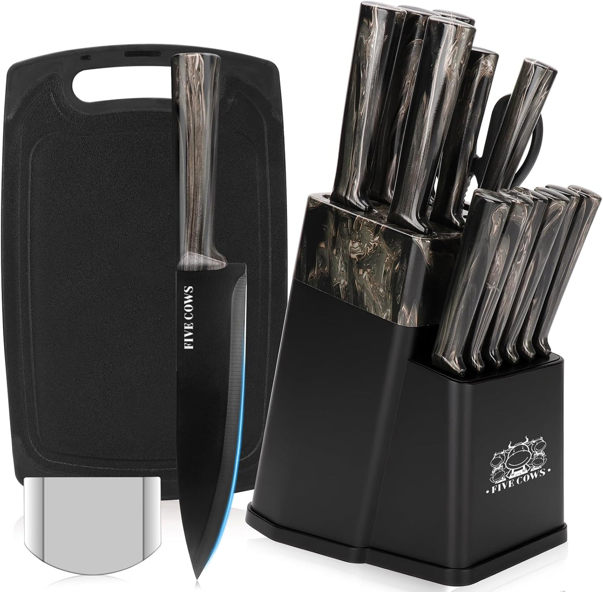 16-Piece Kitchen Knife Block Set with Cutting Board - German Stainless Steel Knives, Built-In Sharpener, Dishwasher Safe, Anti-Slip Handle - All-in-One Cutlery Set for Home/Kitchen (Cyan)