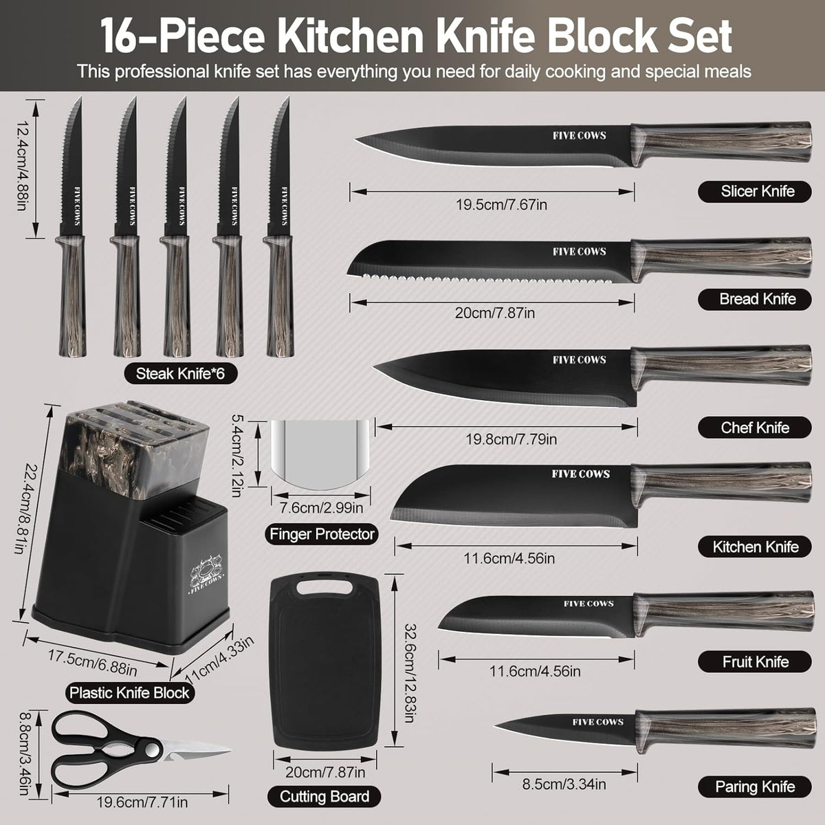 16-Piece Kitchen Knife Block Set with Cutting Board - German Stainless Steel Knives, Built-In Sharpener, Dishwasher Safe, Anti-Slip Handle - All-in-One Cutlery Set for Home/Kitchen (Cyan)