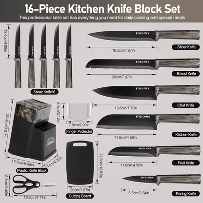 16-Piece Kitchen Knife Block Set with Cutting Board - German Stainless Steel Knives, Built-In Sharpener, Dishwasher Safe, Anti-Slip Handle - All-in-One Cutlery Set for Home/Kitchen (Cyan)